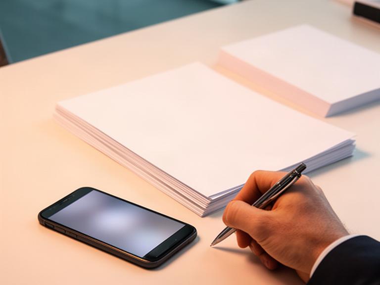 Persona escribiendo una consulta junto a documentos legales y un teléfono en una oficina tranquila