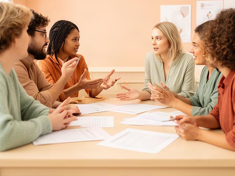 Participantes conversando alrededor de una mesa durante la inscripción a un programa educativo