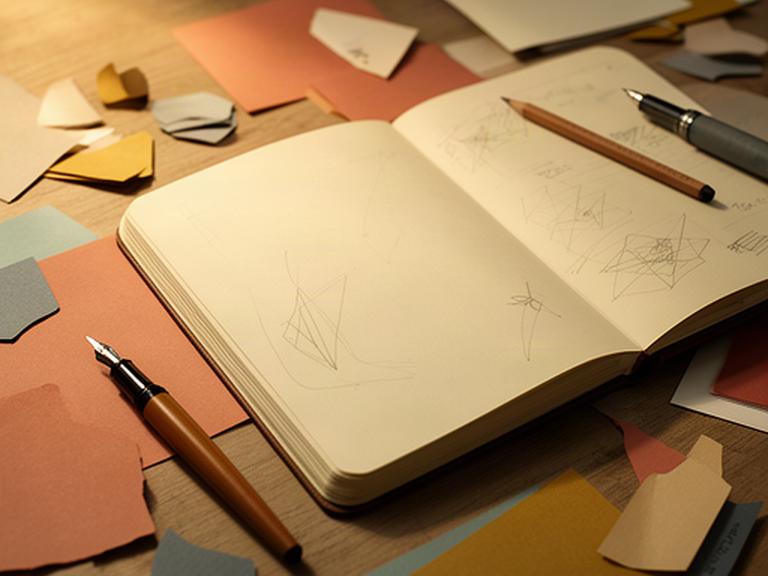 Cuaderno abierto con frases y bocetos durante una sesión de escritura creativa