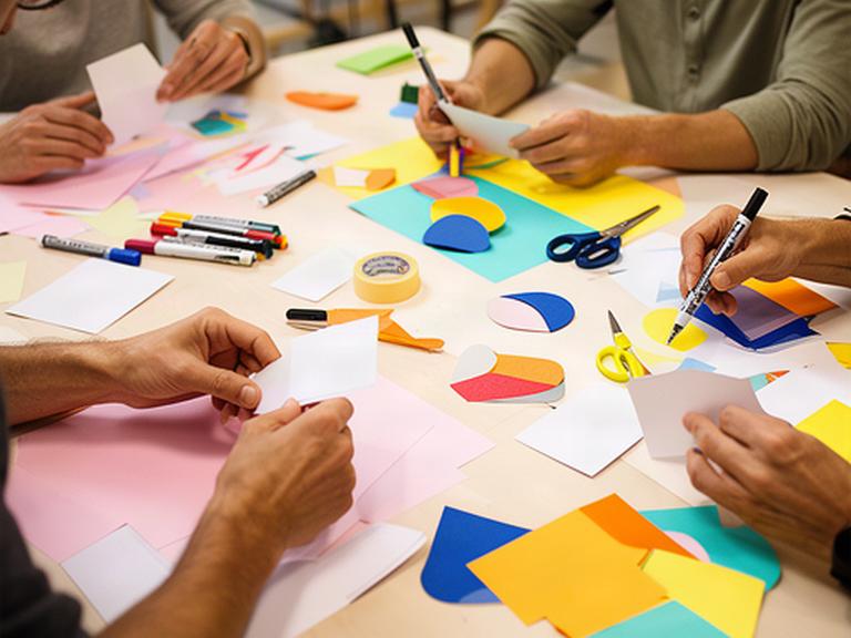 Participantes usando materiales de papel y rotuladores durante un taller práctico de diseño