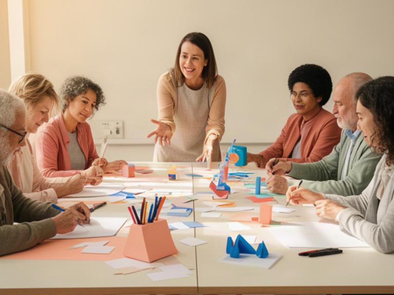 Facilitadora acompañando una dinámica inclusiva con piezas de papel, rotuladores y prototipos abiertos
