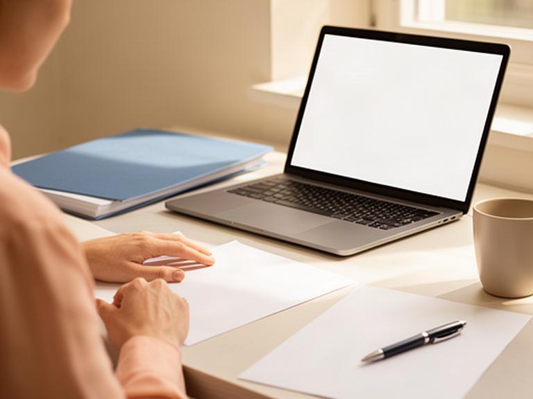 Persona preparando una consulta de privacidad en un escritorio ordenado con luz natural