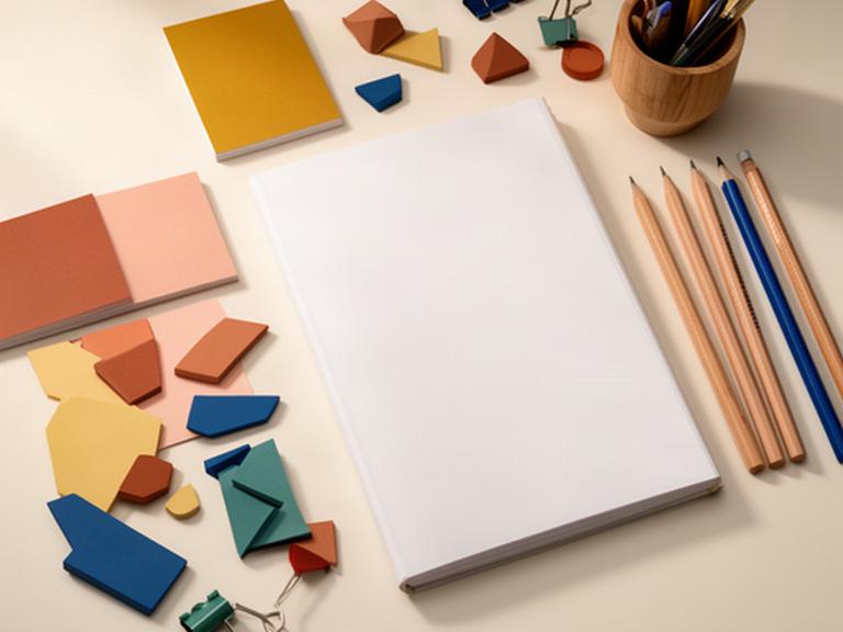 Materiales de trabajo creativo preparados junto a una agenda para planificar un programa de formación