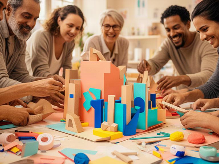 Participantes creando una maqueta colorida en un taller creativo de Vitoria-Gasteiz