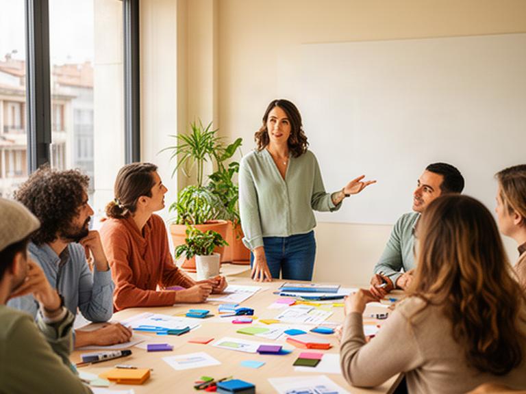 Facilitadora guiando un ejercicio de ideas con un equipo en un espacio diáfano de Vitoria-Gasteiz