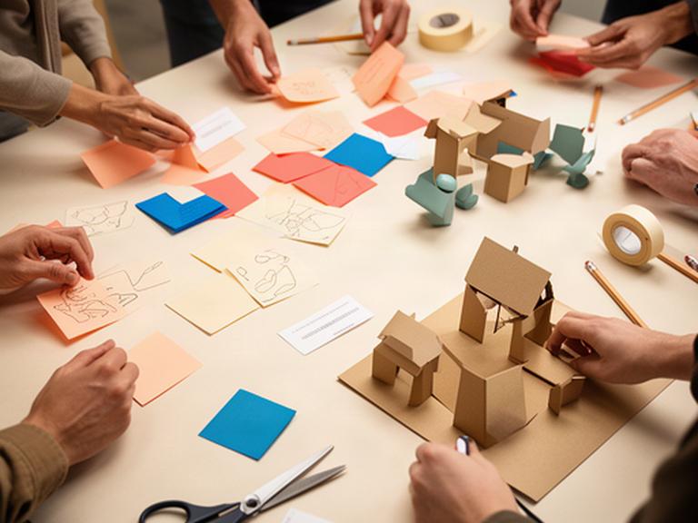 Grupo pequeño ordenando notas y bocetos para definir un reto de diseño en una mesa de trabajo