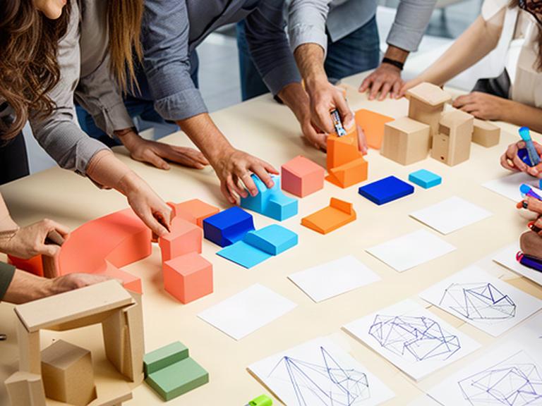 Equipo de profesionales organizando ideas y prototipos en un programa de creatividad empresarial